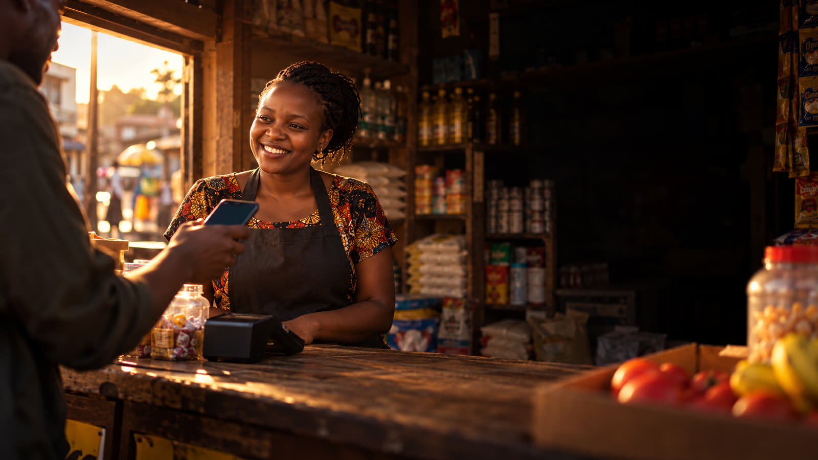 A shop owner smiles at her counter as a customer pays by phone
