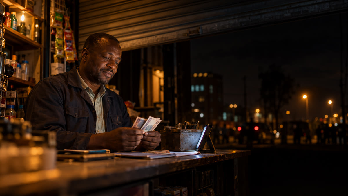 A shop owner counts the day's takings at closing time, phone on the counter