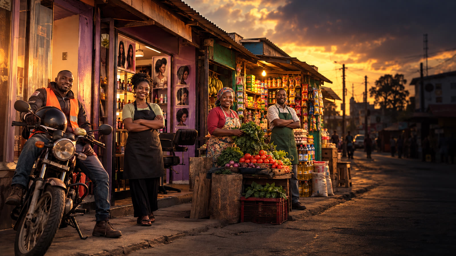 Shop owners outside their businesses on a Nairobi street at golden hour